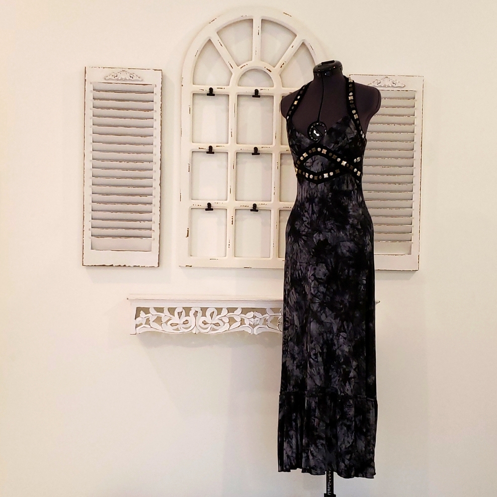 Bebe XS Black & Grey Embellished Tie-dye gown